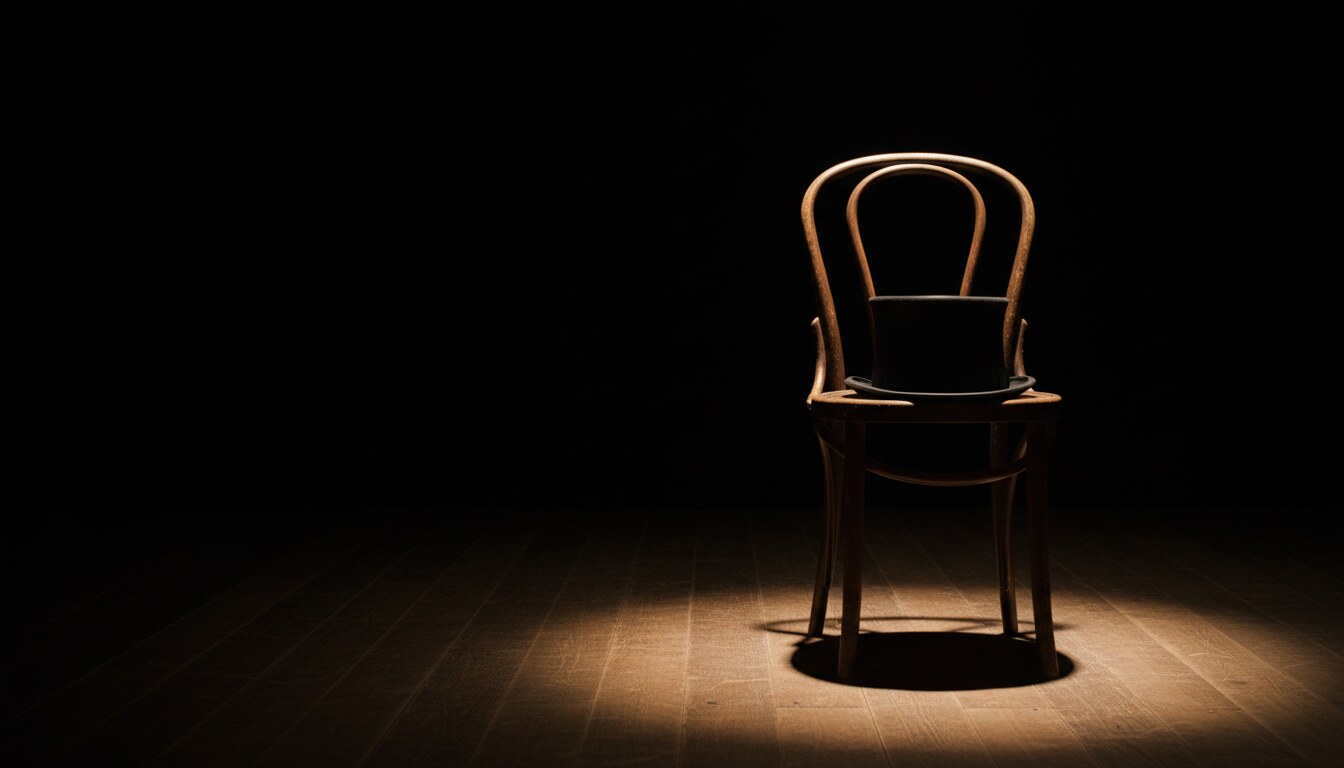 An empty bentwood chair under a single spotlight on a bare stage, surrounded by darkness